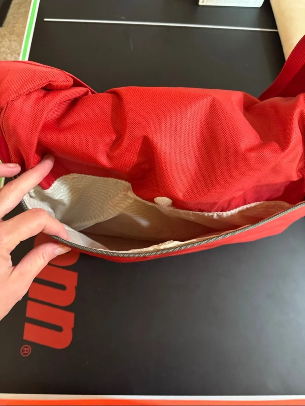 Tumi Red Messenger Bag with Gray Accent. Expandable. Laptop section.